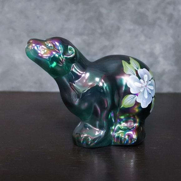 Vintage Signed Fenton Hand Painted Floral Carnival Glass Polar Bear Figurine